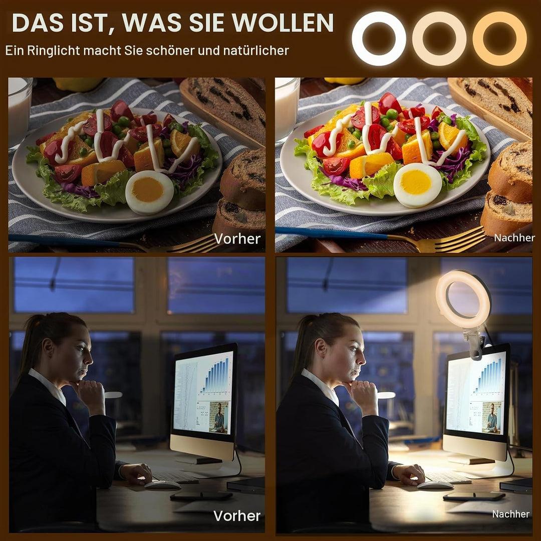 PULUZ Ringlicht PC mit Clip & Stativ 5 Zoll Videokonferenz Licht Dimmbares 3 Lichtfarben+Helligkeit