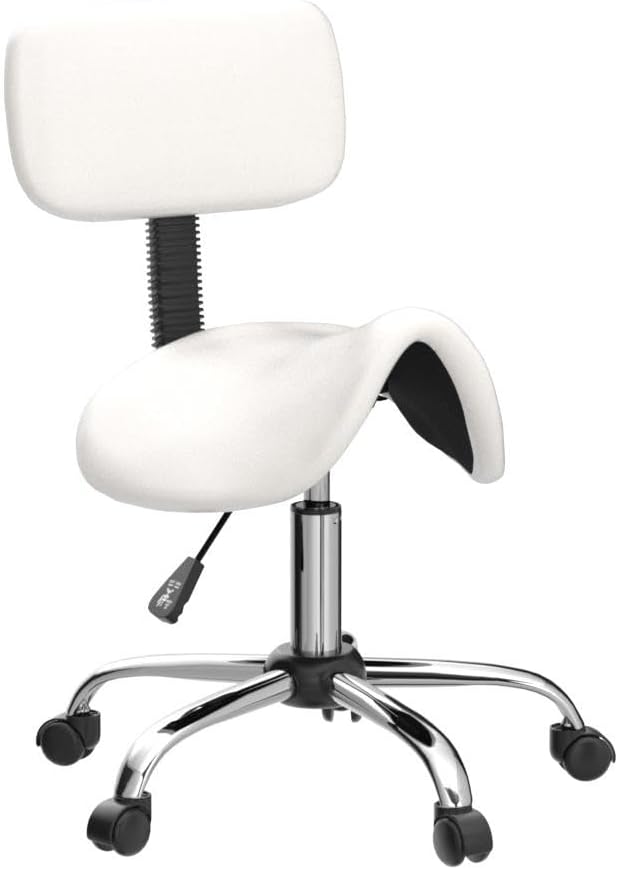 Mingone Sattelhocker mit Rückenlehne Weiss Bürohocker mit Rollen Ergonomisch Drehhocker Arbeitsstuhl
