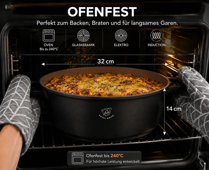 Royal Swiss Kochtopf Ø 32 cm 9,5 L xxl, Aluminiumguss Topf mit Marmor-Antihaftbeschichtung, Induktio