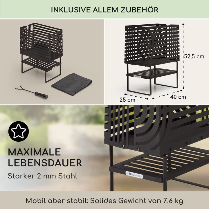 Blumfeldt Feuerschale, Outdoor Stahl-Feuerschale Gross für Balkon & Camping, Tragbarer Feuerkorb, Fe
