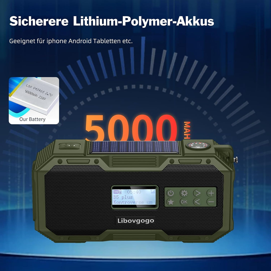 Libovgogo DF-587D Tragbares DAB+ UKW Radio mit wasserdichtem Bluetooth-Lautsprecher, Kurbelradio mit