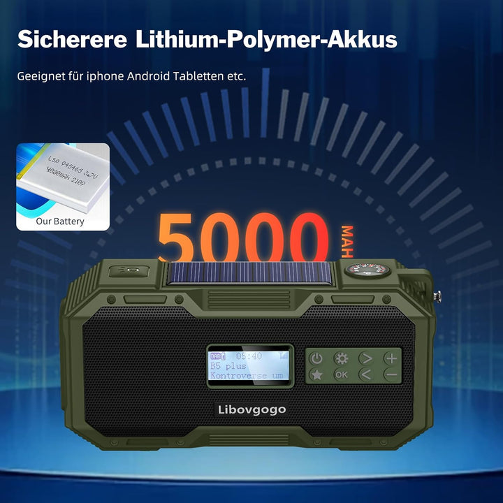 Libovgogo DF-587D Tragbares DAB+ UKW Radio mit wasserdichtem Bluetooth-Lautsprecher, Kurbelradio mit