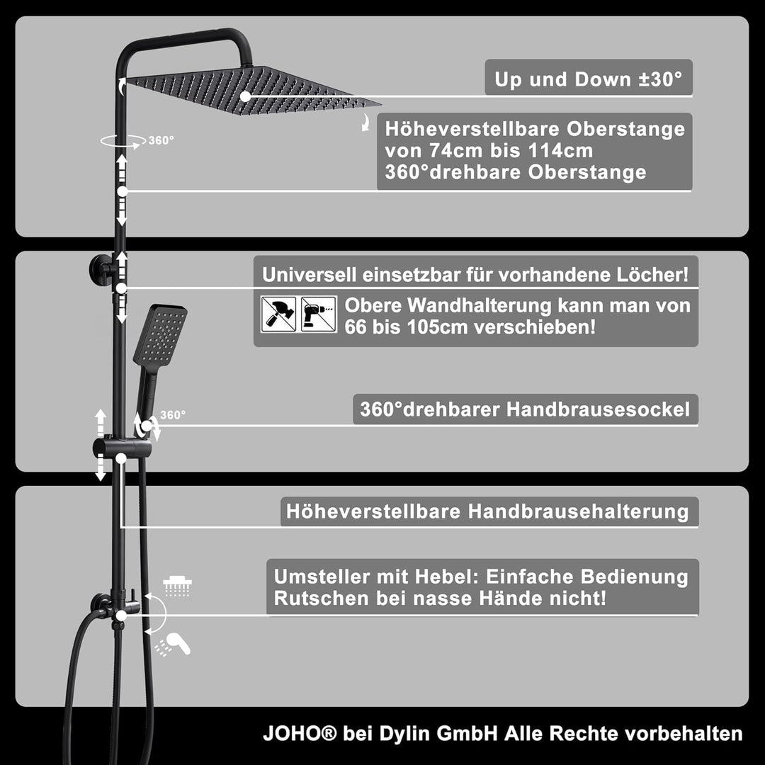 Görbach Duschset Duschsystem Überkopfbrauseset Duschstange Duschsäule ohne Duscharmatur matt schwarz