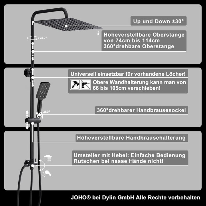 Görbach Duschset Duschsystem Überkopfbrauseset Duschstange Duschsäule ohne Duscharmatur matt schwarz
