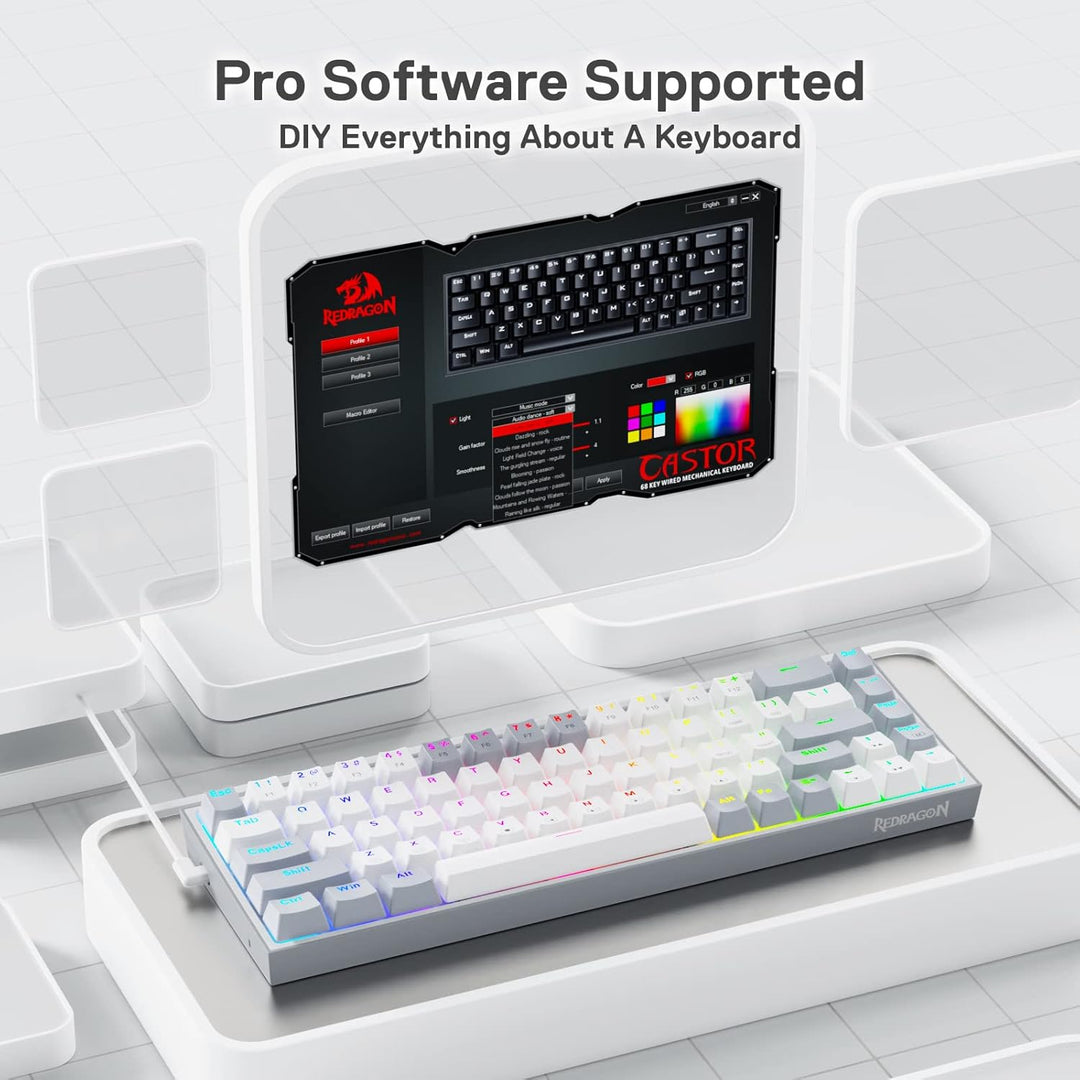 Redragon K631 Gery 65% Kabelgebundene RGB-Gaming-Tastatur, 68 Tasten, Hot-swap-fähige Kompakte Mecha