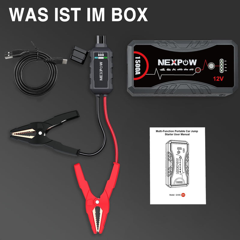 NEXPOW Starthilfe Powerbank, 1500A Spitzstrom Tragbare Auto Starthilfe 12V für 7.0L Benzin und 5.5L