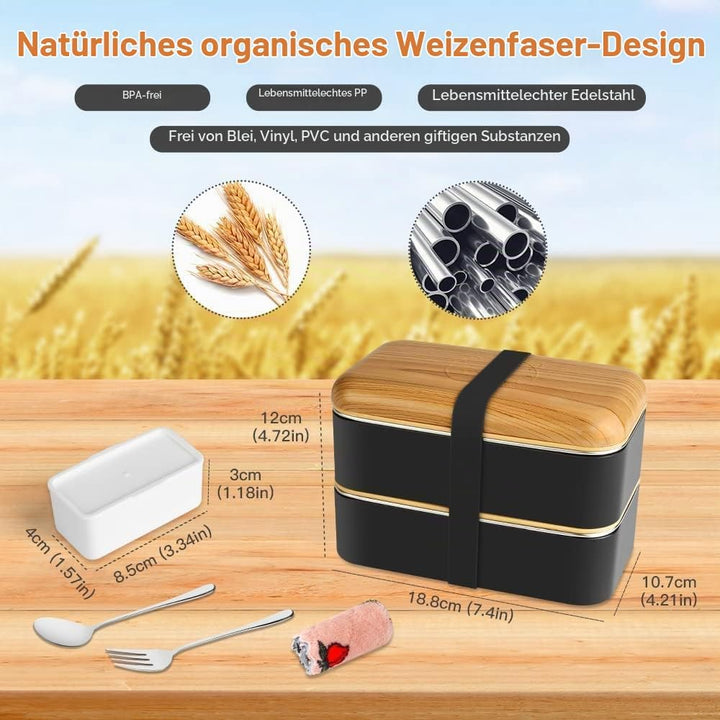 Bento Box im japanischen Stil 2-stufige Lunchbox mit 2 Stück umweltfreundlichem PP-Behälter und Edel