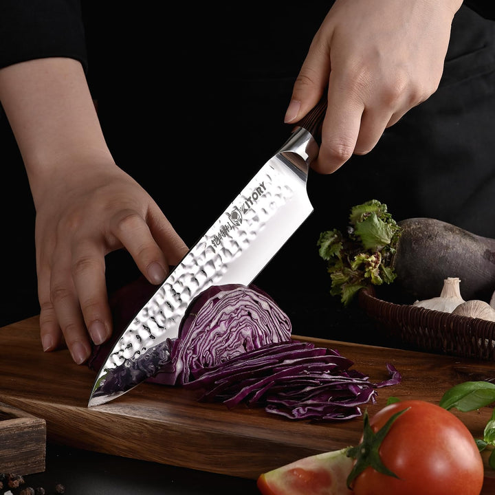 Kitory Kochmesser 20cm, Profi Chefmesser mit gehämmerter Klinge, Bambusförmiger Griff, Deutscher HC