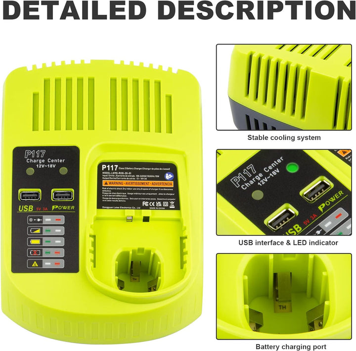 LabTEC RB18L50 18V 5Ah Ersatzakku für Ryobi 2 Packs mit Dual Port Ladegerät Ersatz für Ryobi P117 12