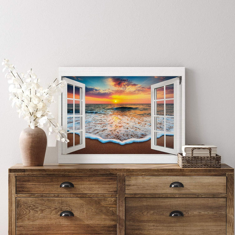 PICANOVA – Bild auf Leinwand Sonnenuntergang am Meer Fenster 60x40cm – Leinwandbild – Premium Leinwa