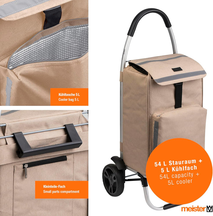 Meister Einkaufstrolley Beige, 54 + 5 L – Klappbarer Einkaufsroller mit grossen Reifen & Kühlfach –