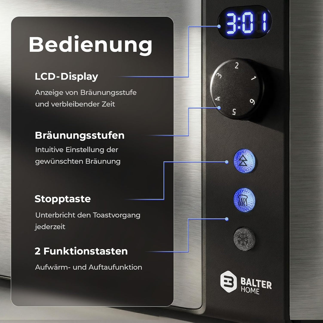 Balter Toaster 4 Scheiben, Langschlitz, Edelstahl, Brötchenaufsatz, LCD Display mit Restzeitanzeige,