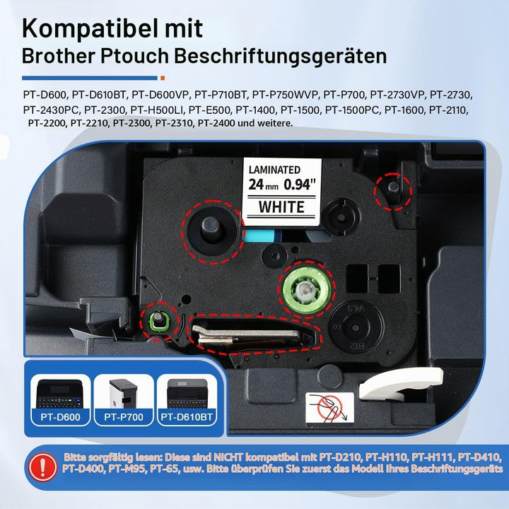 Tze-251 Schriftbänder 24mm Schwarz auf Weiss, kompatibel mit Brother P-touch Bänder 24mm für Brother