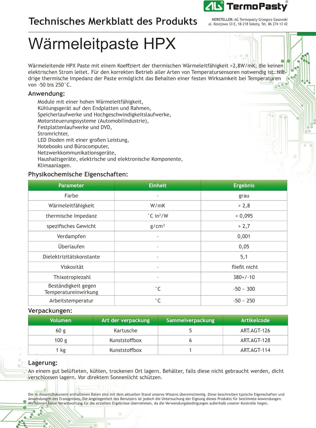 Wärmeleitpaste HPX 100ml Thermische Leitfähigkeit >2,8W/mK -50~250ﹾC grau AGT-128