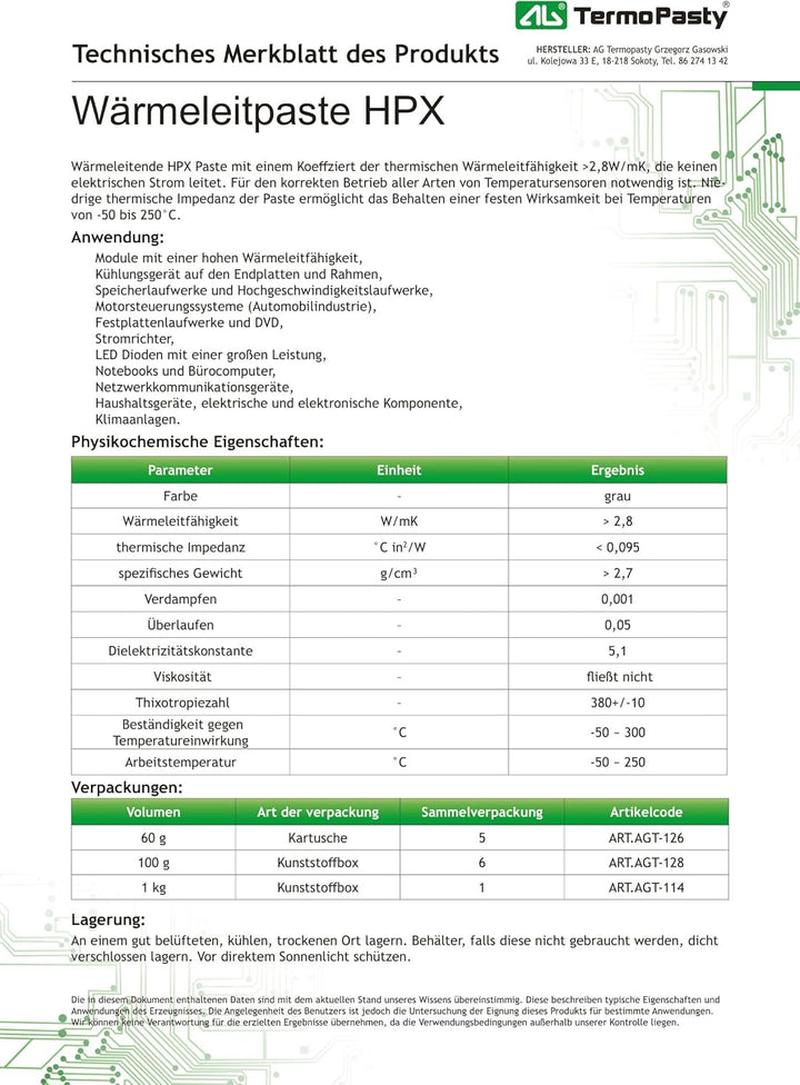 Wärmeleitpaste HPX 100ml Thermische Leitfähigkeit >2,8W/mK -50~250ﹾC grau AGT-128