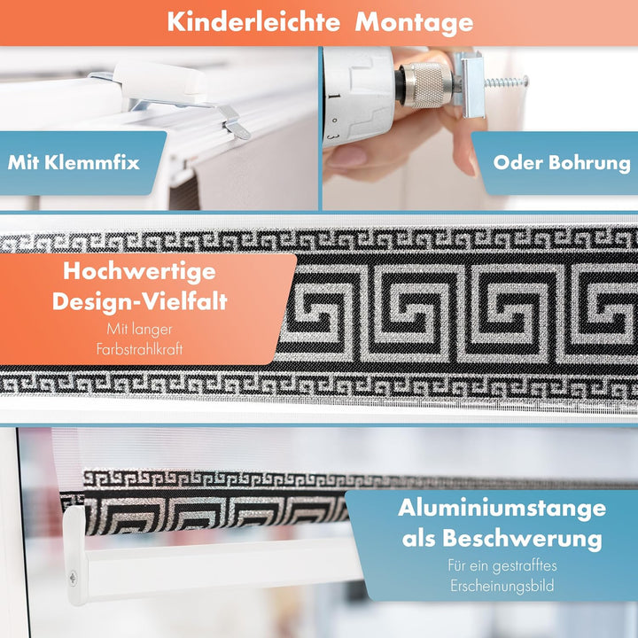 Doppelrollo mit Muster Mäander Deko Griechischer Schlüssel Ornament Motiv Klemm Duo Rollos für Fenst