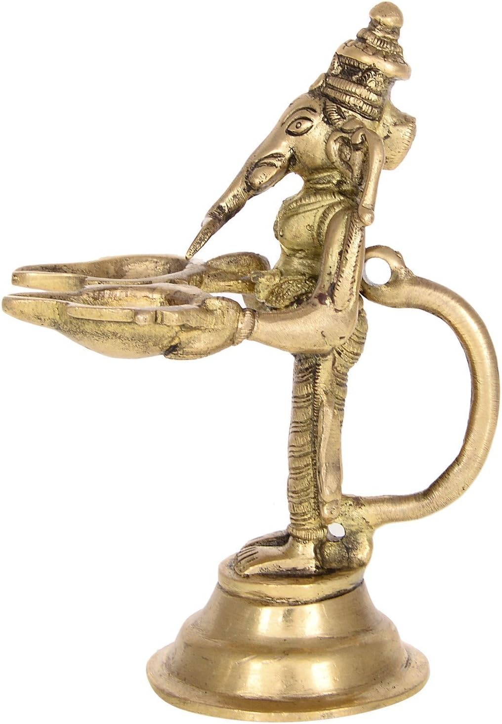Purpledip Unique Brass Ganpati Idol holding twin diyas, Indian gift Ideas (10222)