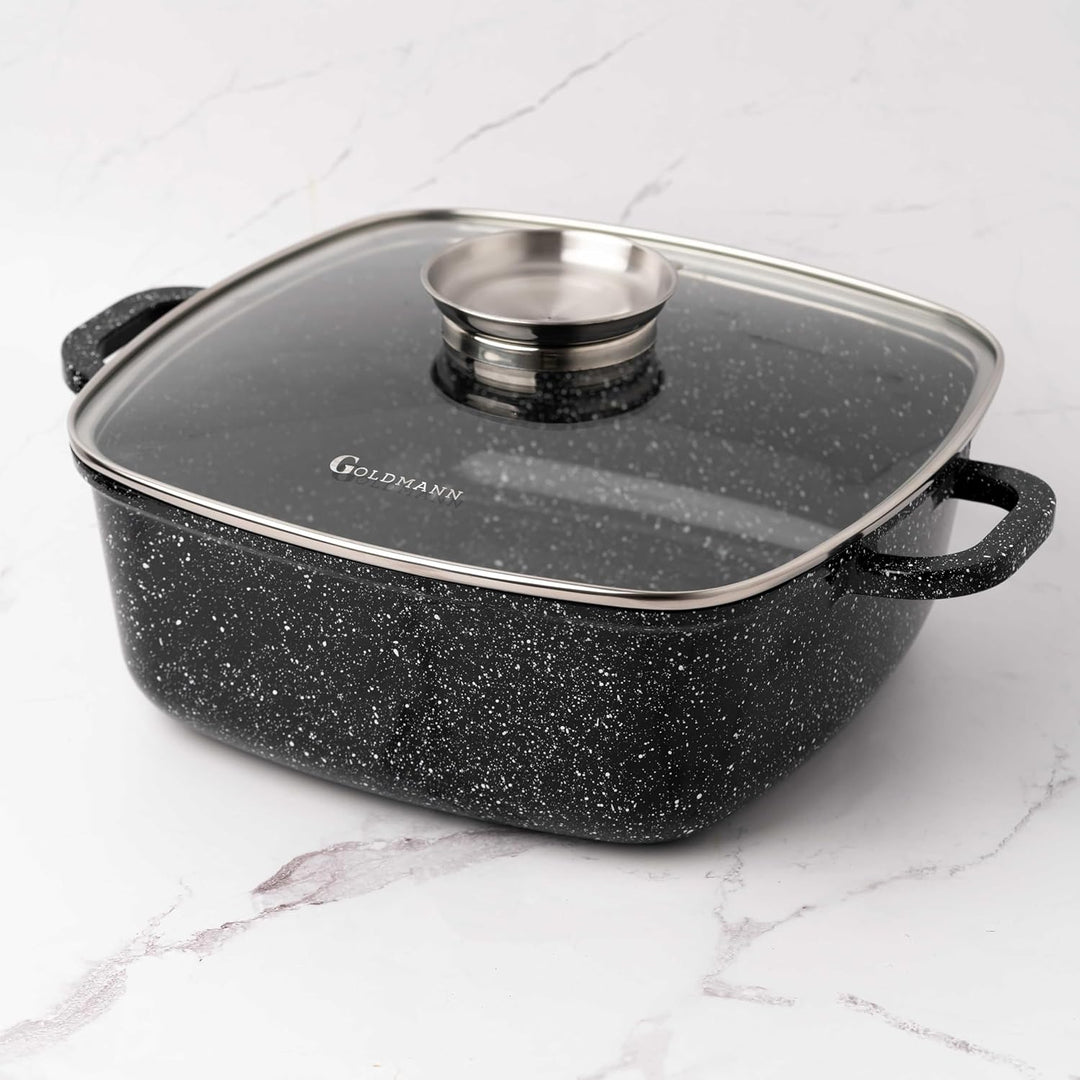 Goldmann 24cm Quadratischer Alu-Guss Bräter (4.5L), Glasdeckel, Keramik, Induktion, Aromaknopf, PFOA