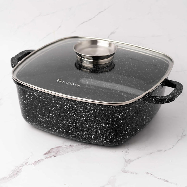 Goldmann 24cm Quadratischer Alu-Guss Bräter (4.5L), Glasdeckel, Keramik, Induktion, Aromaknopf, PFOA