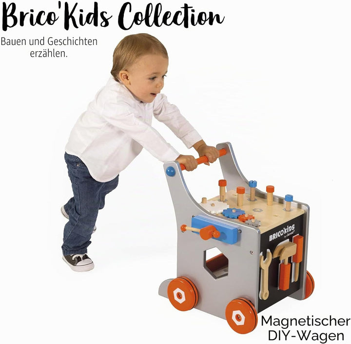 Janod - Brico'Kids Wooden Diy Trolley for Children - Magnetic - Pretend Play - 25 Tools and Accessor