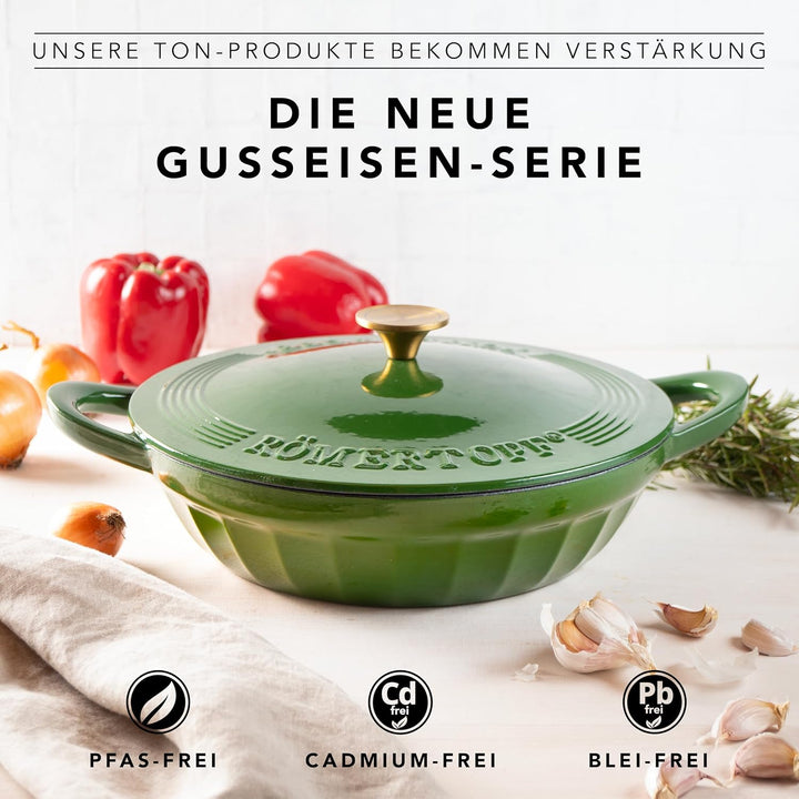 Römertopf Schmorpfanne Gusseisen 28 cm 2,4 L mit Deckel, Tiefgrün, Tiefgrün