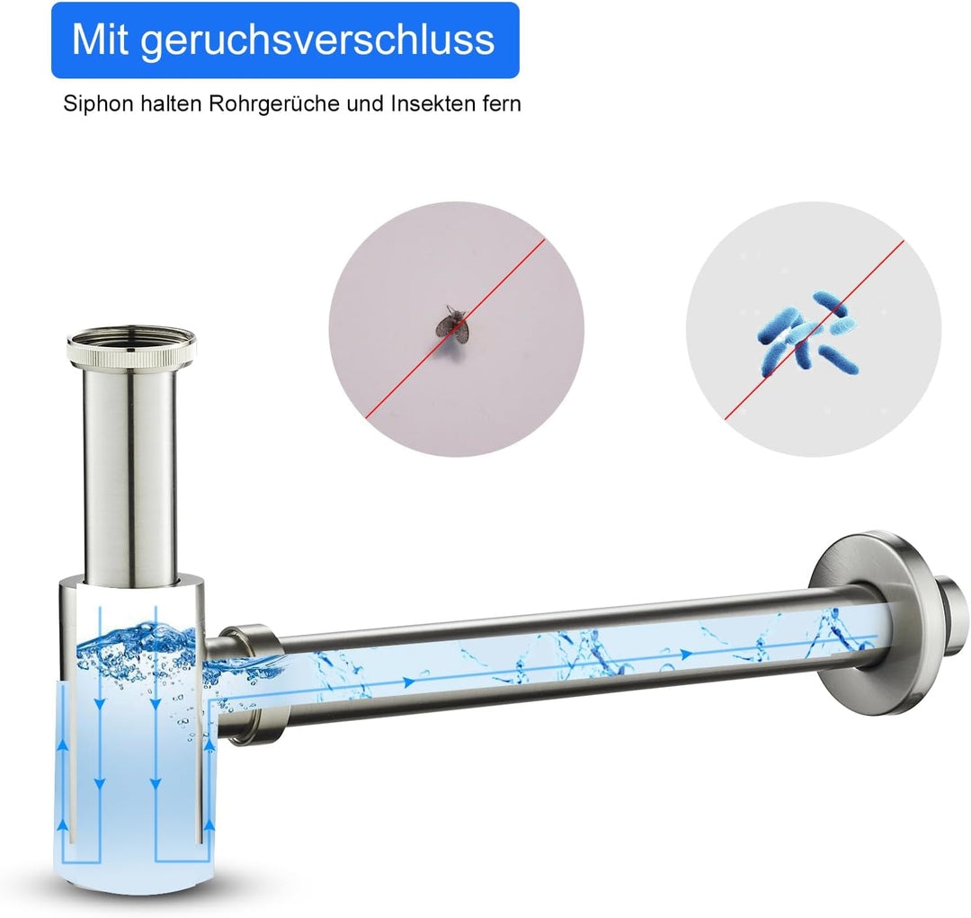 Siphon Universal für Waschtisch, KEOKBON 1 1/4 x 32 mm Syphon & Pop up Ventil Ablaufgarnitur mit Übe