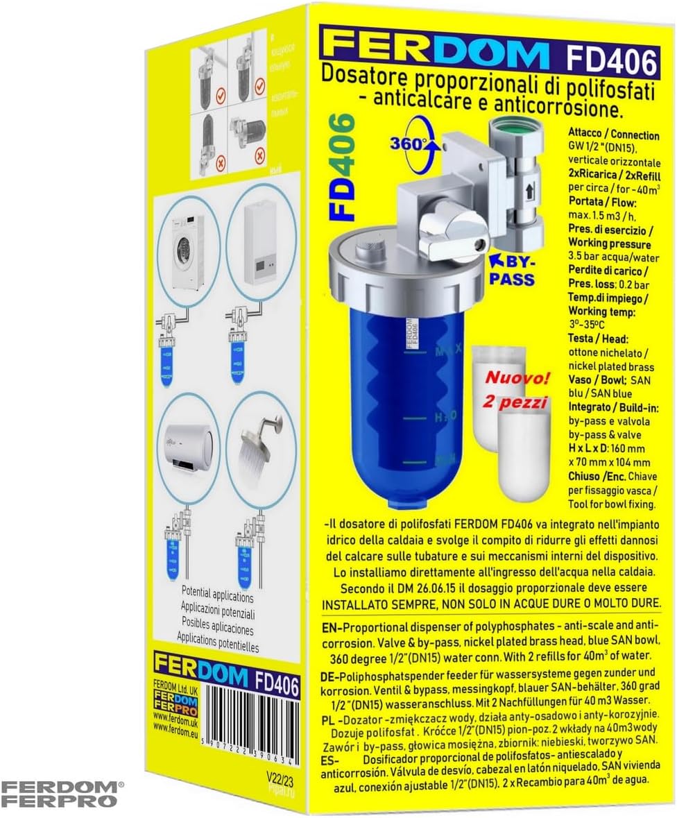 FERDOM Poliphosphatspender Feeder für Wassersysteme gegen Zunder und Korrosion. Ventil & Bypass, Mes