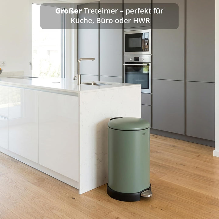 KHG Mülleimer 20 L Grün mit Softclose-Deckel & Tretfunktion - Pulverbeschichteter Metall-Abfalleimer