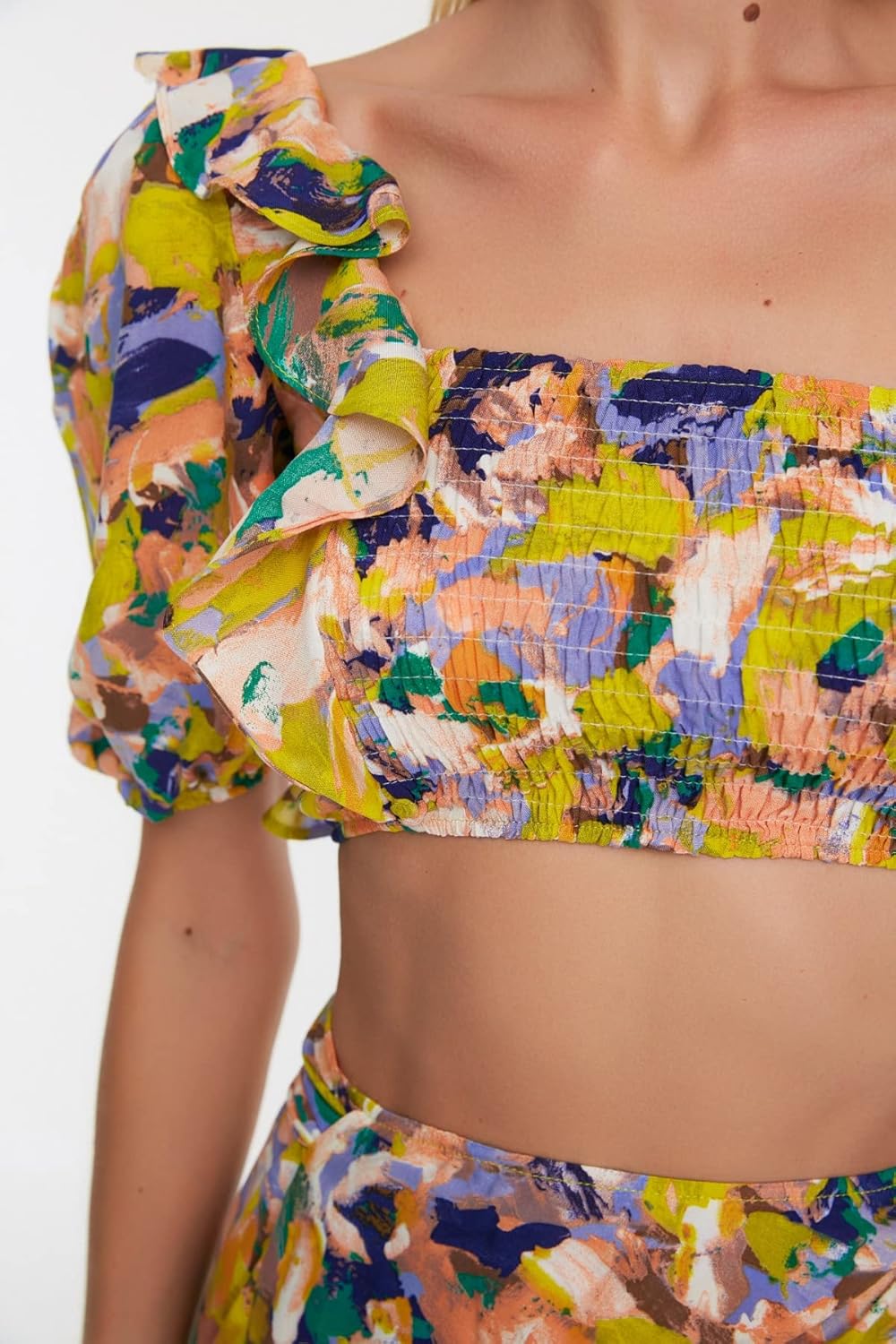 TRENDYOL Damen Arm Detail Printed Sub-top Team Skirt Set, Multi Color, 36 EU