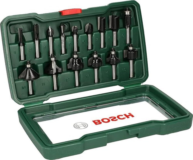 Bosch 15tlg. Hartmetall Fräser Set (für Holz, Ø-Schaft 8 mm, Zubehör Oberfräse) 15 tlg. 8mm-Schaft