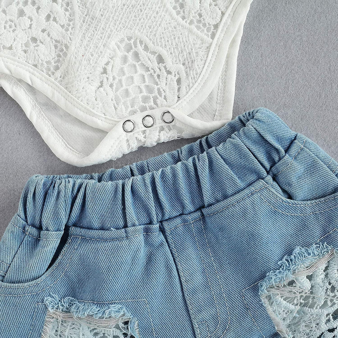 Kleinkind Kleinkind Baby Mädchen Kleidung Bestickte Spitze Strampler Zerrissene Jeans Denim Hosen Ou