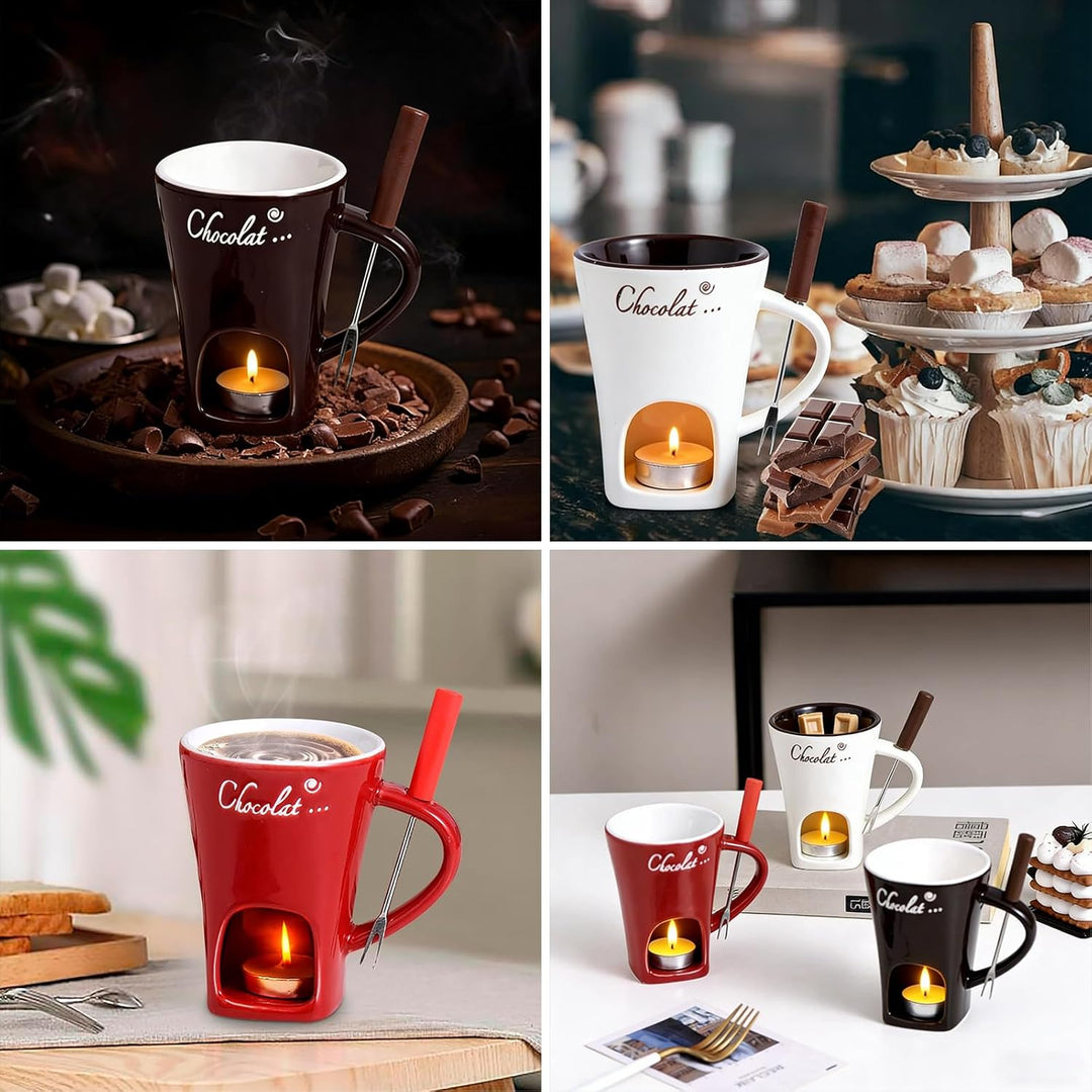 Schokofondue Tasse, 200ML Schokoladen Fondue Tassen mit Teelicht, Keramik Schokofondue Tasse Set mit