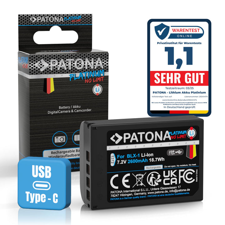 PATONA Platinum BLX-1 Akku 2600mAh / 18,7Wh / 7.2V USB-C Input kompatibel mit Olympus OM-1 OM-3 OM1
