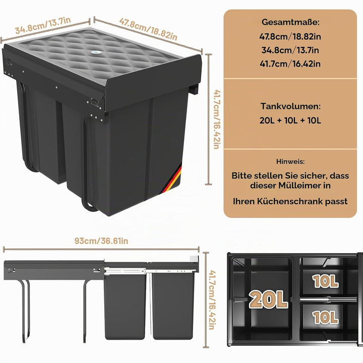 Huracan Mülleimer Küche Unterschrank Ausziehbar 40L, Mülleimer 3 Fächer, Mülltrennsystem Küche, Einb