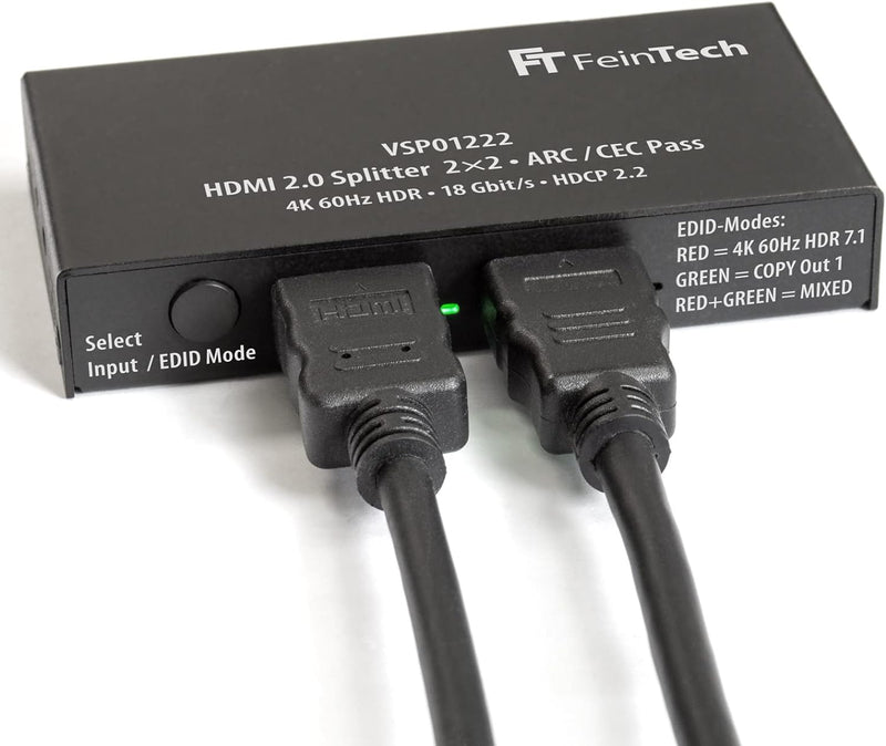 FeinTech VSP01222 HDMI 2.0 Splitter 2 Eingänge 2 Ausgänge Scaler ARC Pass für AV-Receiver 4K 60Hz