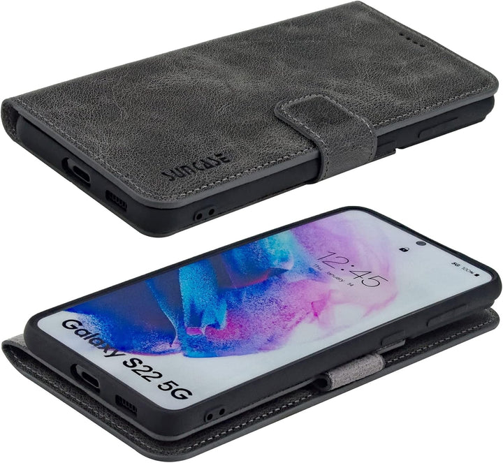 Suncase Book-Style Hülle kompatibel mit Samsung Galaxy S22 5G Leder Tasche (Slim-Fit) Lederhülle Han