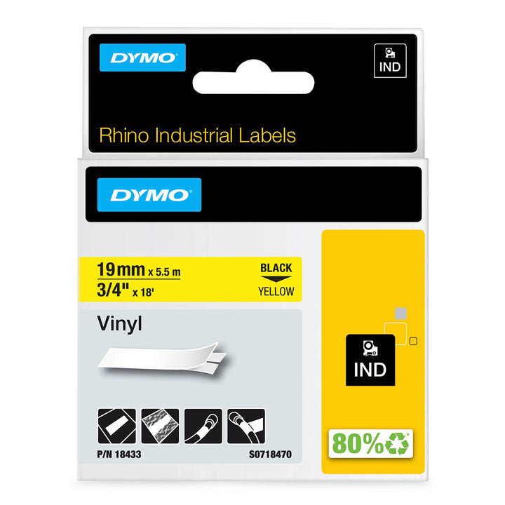 DYMO Rhino-Industrie-Vinyletiketten | 19 mm x 5,5 m | schwarz auf gelb | selbstklebendes Schriftband