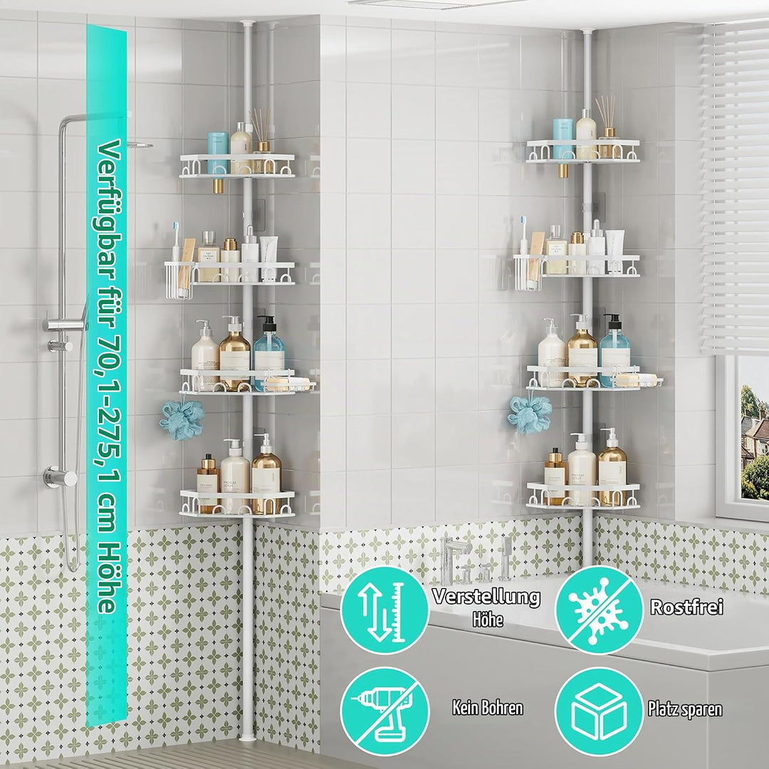 HapiRm Teleskopstange Duscheckregal Teleskop - Teleskopregal, 70-276cm | 4 Tier rostfrei Teleskop Ba