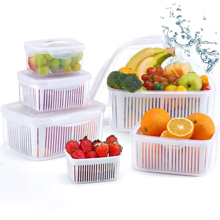Luxear Frischhaltedosen Obst Gemüse mit Deckel Sieb, Vorratsdosen 5 Set 5,8L+3,8L+2,3L+1,3L+0,7L BPA