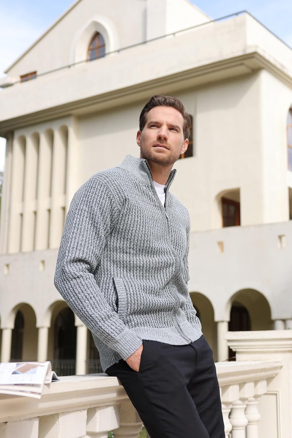Allthemen Herren Cardigan Grobstrick Reissverschluss Strickjacke mit Stehkragen Winter Pollover Knit