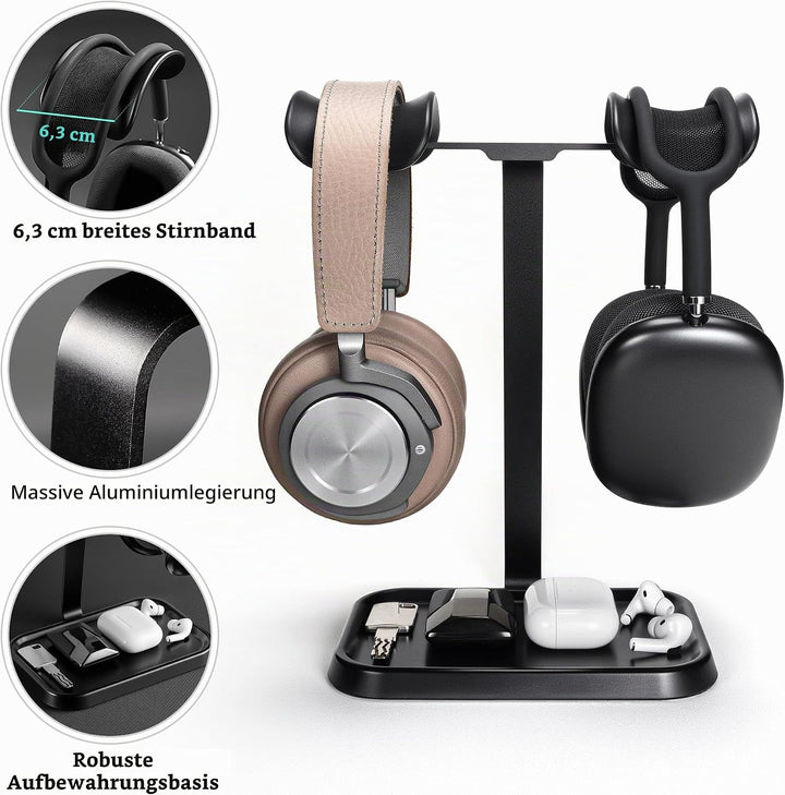 Doppel Kopfhörer Ständer, Stabiler Doppel Headset Halterung mit Ablagefach, Schwere Basis Gaming Kop
