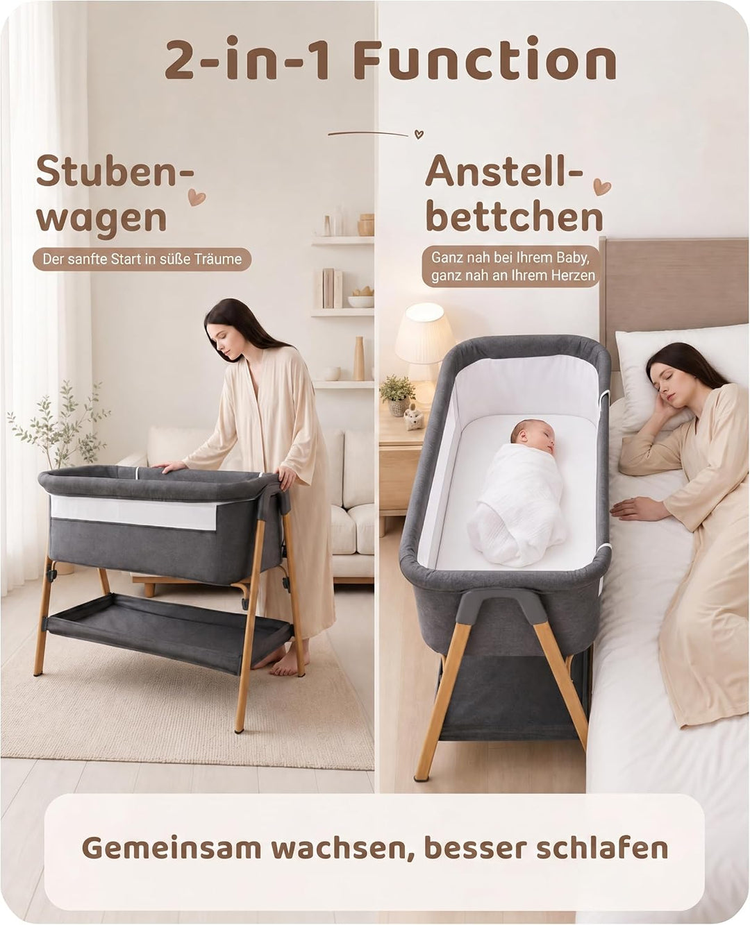 UBRAVOO Beistellbett Baby 2-in-1, Babybett &amp; Baby Wiege für Neugeborene – mit Aufbewahrungskorb &amp; We