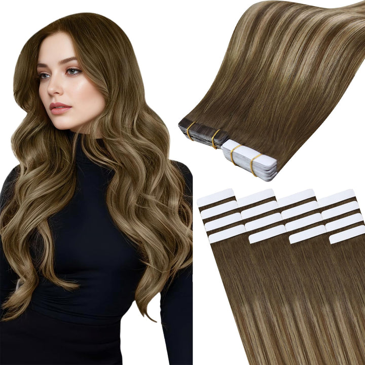 Easyouth Haar Extensions Tape Echthaar Skin Weft Band in Extensions Farbe Mittelbraun Mix Honigblond