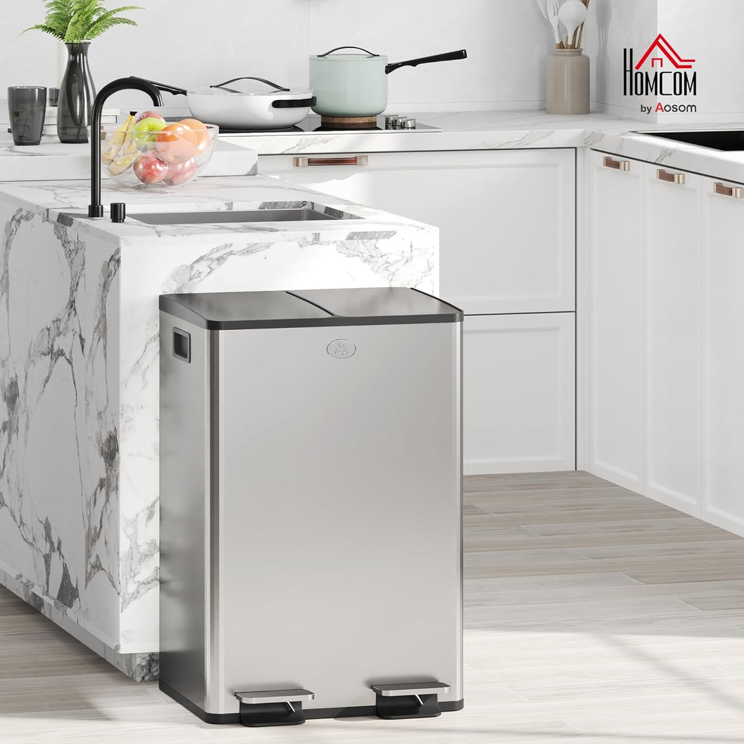 HOMCOM Doppelter Küchenabfalleimer, 2 x 28L, Treteimer aus Edelstahl, 2 sanft schliessende Deckel, h