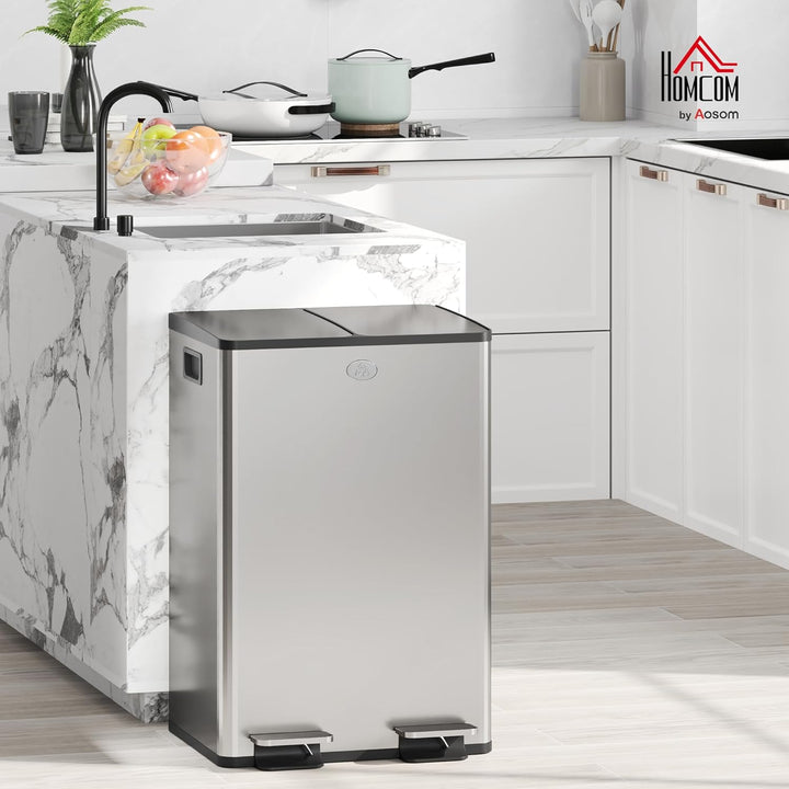 HOMCOM Doppelter Küchenabfalleimer, 2 x 28L, Treteimer aus Edelstahl, 2 sanft schliessende Deckel, h