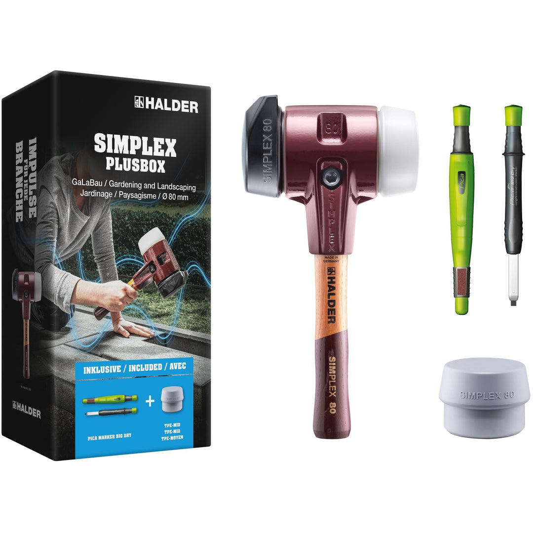 SIMPLEX-Plusbox GaLaBau ∅80, SIMPLEX-Schonhammer D80, Gummikomposition, mit Standfuss/Superplastik s