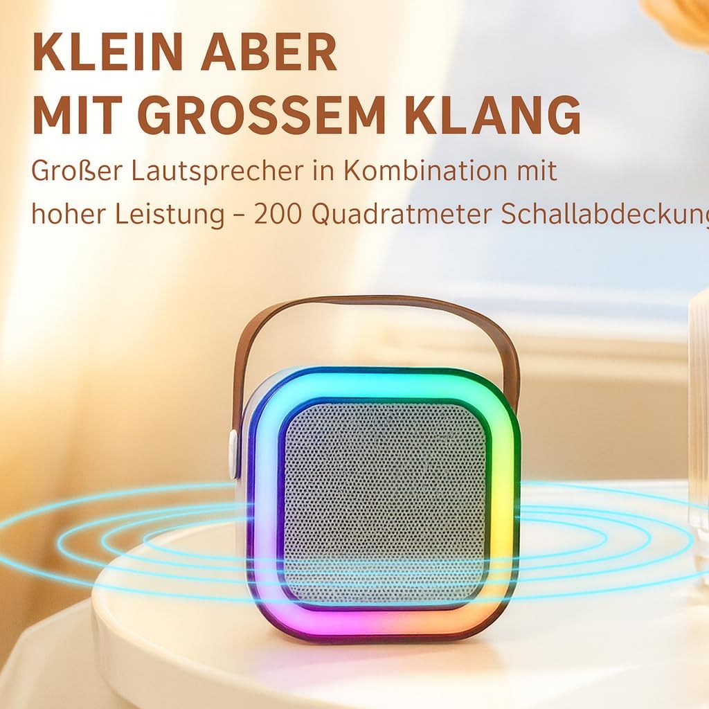 Bluetooth Karaoke Maschine mit 2 Mikrofonen & Lichtshow - 8W Tragbarer Lautsprecher, 5 Stimmeneffekt