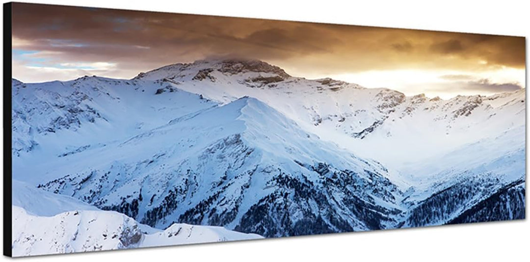 Paul Sinus Art Panoramabild auf Leinwand und Keilrahmen 150x50cm Gebirge Berge Schnee Wolken Sonnens