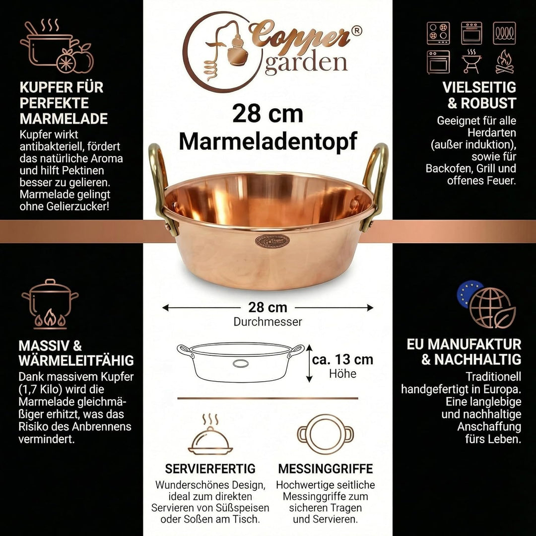 CopperGarden Sossen- & Marmeladentopf 5,4 Liter I Kochtopf aus Kupfer mit 28 cm Durchmesser I grosse