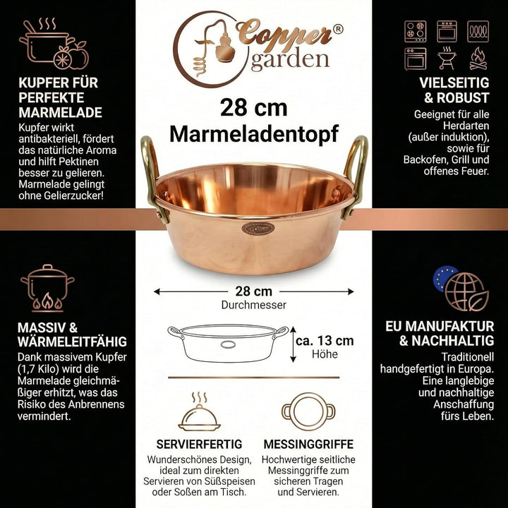 CopperGarden Sossen- & Marmeladentopf 5,4 Liter I Kochtopf aus Kupfer mit 28 cm Durchmesser I grosse